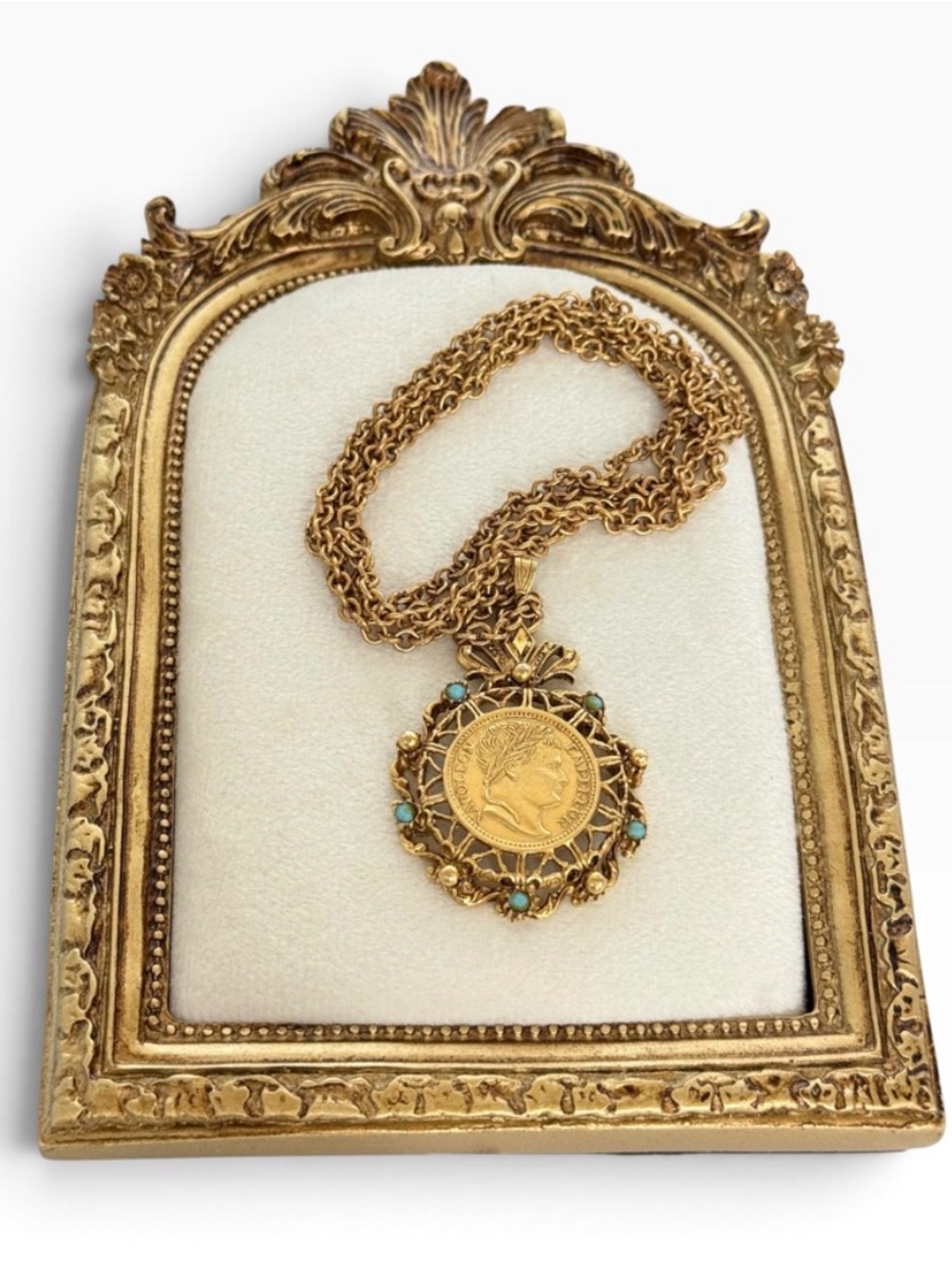 Emperor Napoleon coin pendant Necklace faux Turquoise Accents Lightweight chain